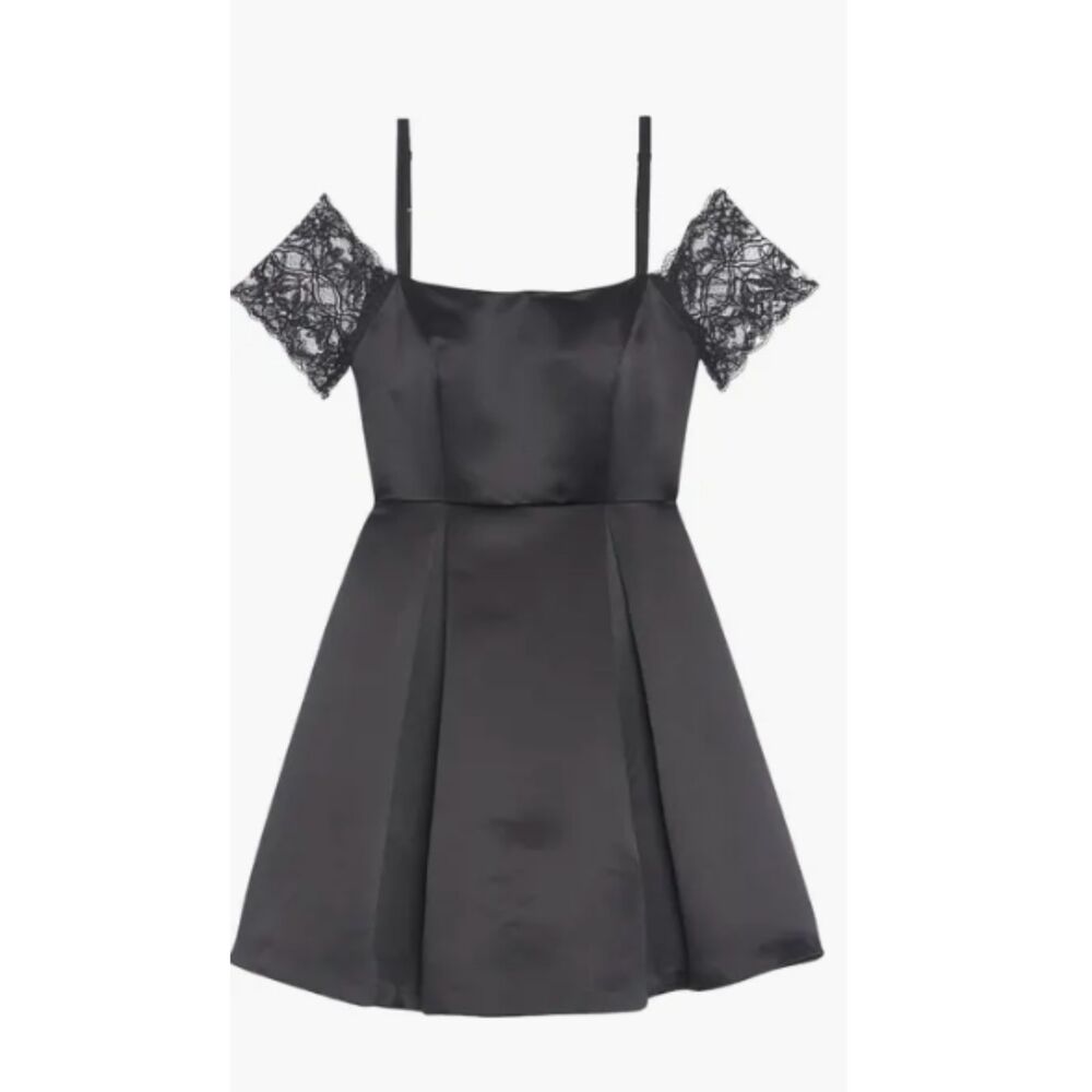 Sandro Ondine Cold Shoulder Lace Satin Mini Dress Black Size 2 New